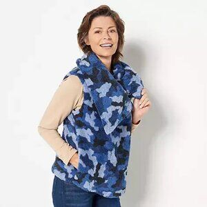 Susan Graver Indigo Blue Sherpa Asymmetrical Snap Printed Front Vest Women's L